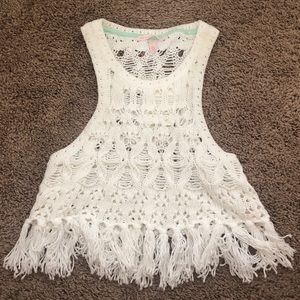 White fringe halter crop top